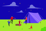 Family camp vector concept: family group dancing at the bonfire at night time