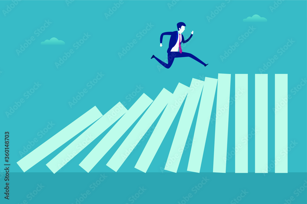 Risk management vector concept: Businessman running above the falling business chart pillars