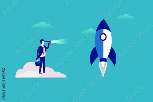Visionary businessman vector concept: businessman watching the launching rocket with his telescope while standing on clouds