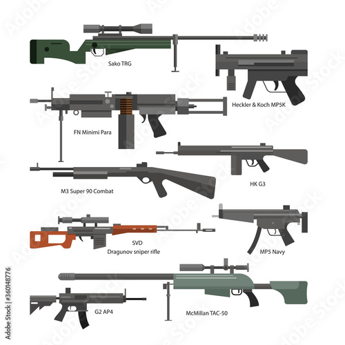 Vector set of army combat weapons. Icons isolated on white background. Gun, rifles, grenade.