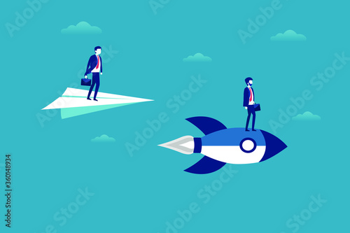 Business competition vector concept: businessmen racing, one flying with paper plane against another one flying with rocket