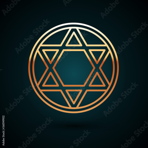 Gold line Star of David icon isolated on dark blue background. Jewish religion symbol. Symbol of Israel. Vector Illustration.