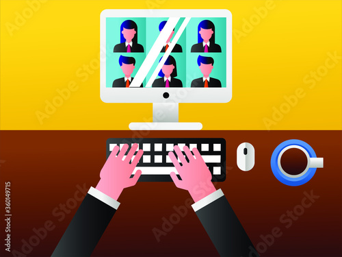 Business meeting online vector concept: Businessman having an online meeting with his business partners