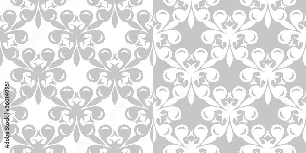 Floral seamless set of patterns. Gray and white backgrounds