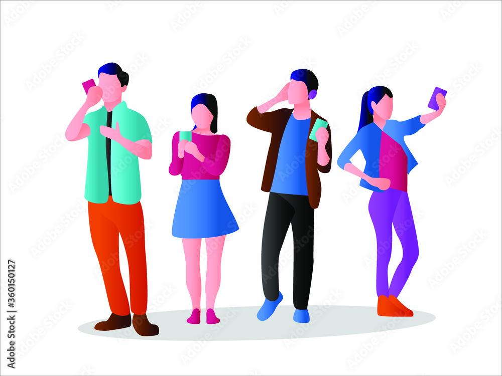 Communication technology vector concept: group of friends wearing outfit while using their mobile phone