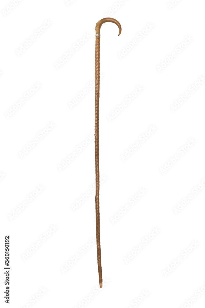 old original wooden and steel walking stick on white background old original wooden and steel walking stick on white background