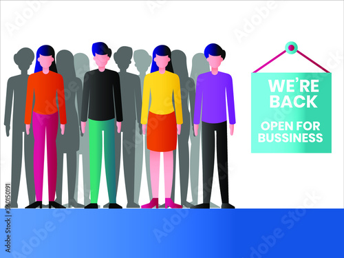 Business reopening vector concept: crowd of people standing besides "We Are Back, Open for Business" blue signboard together