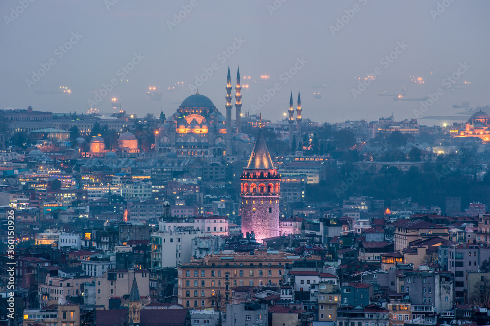 Fototapeta premium Galata Tower and Suleymaniye Mosque at night in Istanbul, Turkey.