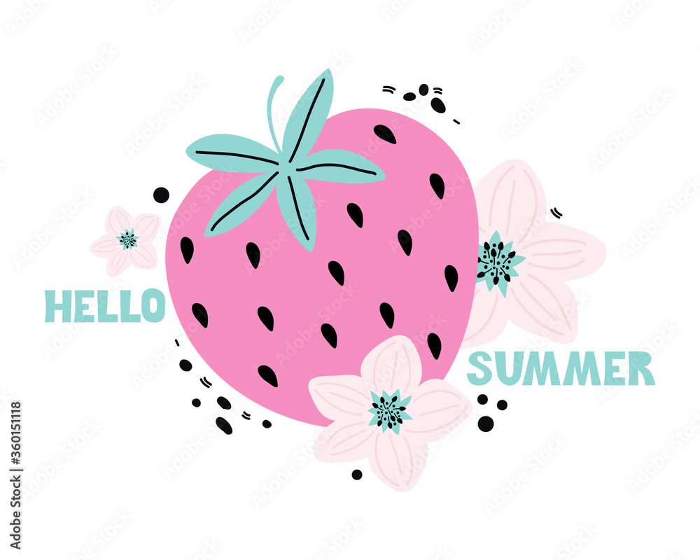 custom made wallpaper toronto digitalHand drawn cartoon pink strawberry with lettering Hello summer. Summer fresh sweet berries and pink flowers. Vector illustration in Scandinavian style. Handwritten text. Modern poster, sticker, banner