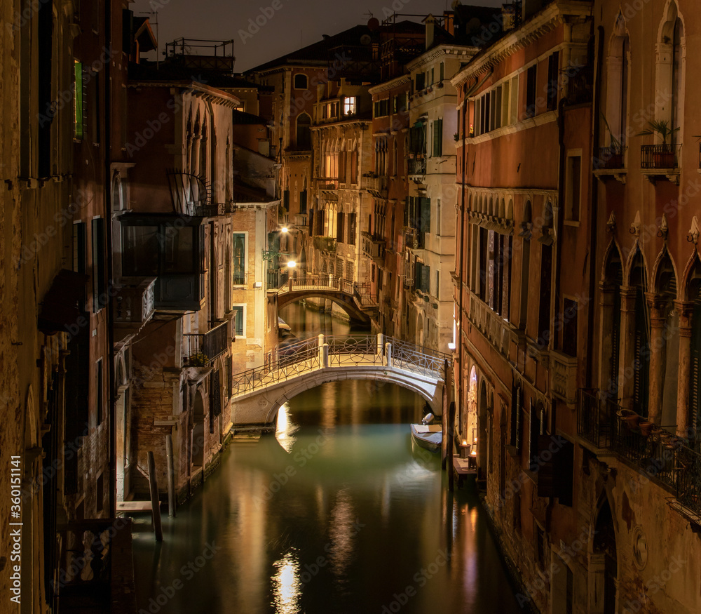 A beautiful canal in Venice with 2 bridges