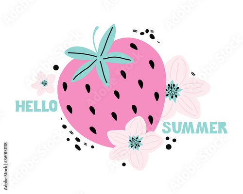 Wallpaper Mural Hand drawn cartoon pink strawberry with lettering Hello summer. Summer fresh sweet berries and pink flowers. Vector illustration in Scandinavian style. Handwritten text. Modern poster, sticker, banner Torontodigital.ca