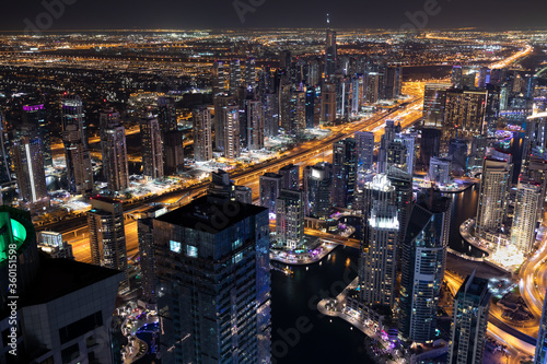 Beautiful aerial view of the Dubai Marina at night