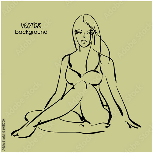 art  background with sitting beautiful sexy young woman  in bikini, sketch vector 