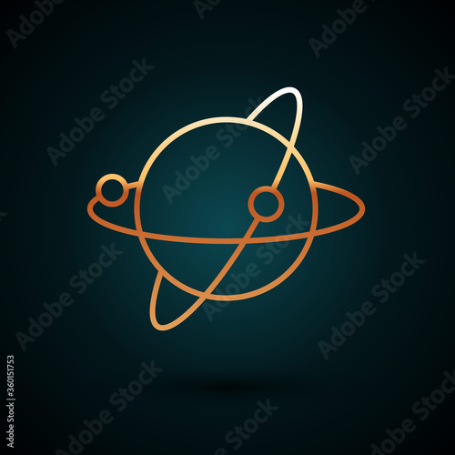 Gold line Artificial satellites orbiting the planet Earth in outer space icon isolated on dark blue background. Communication, navigation concept. Vector Illustration.