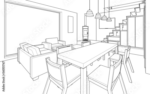 interior kitchen living room 3d illustration
