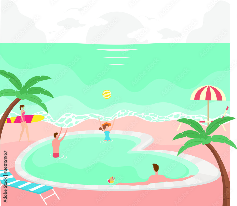 Summer vector concept: people relaxing and playing at the swimming pool near the beach