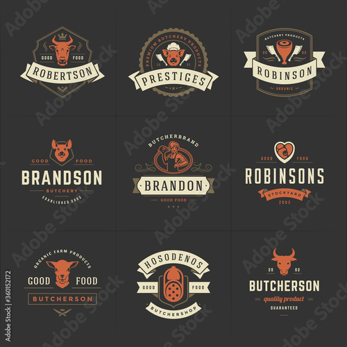 Butcher shop logos set vector illustration good for farm or restaurant badges with animals and meat silhouettes