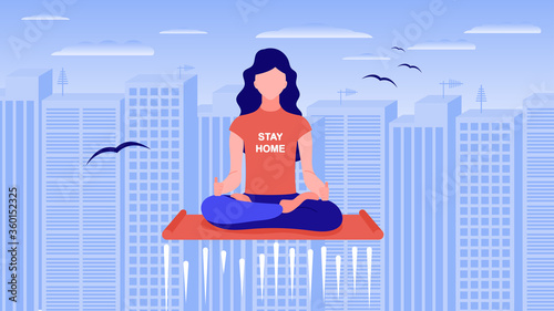Flat style illustration. vector image. The girl sits on a mat for yoga meditation and Karimatha, and puzzles over the city. stay home t-shirt.