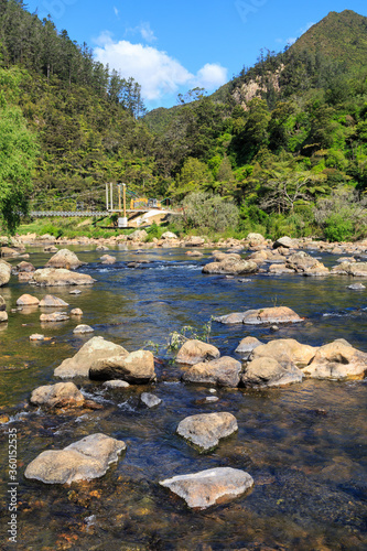 The rocky Ohinemuri River in the Karangahake Gorge, New Zealand, surrounded by wooded hills. A suspension bridge crosses the river in the background
