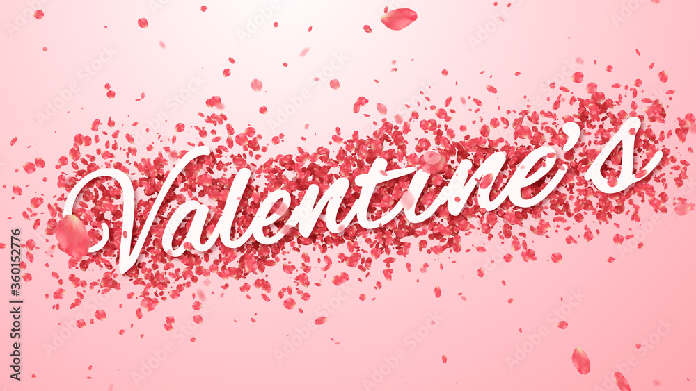 Valentine's word text on pink rose petals confetti background