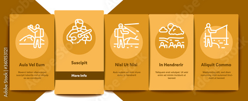 Hiking Extreme Tourism Onboarding Mobile App Page Screen Vector. Hiking Tourist And Bard With Guitar, Fisherman And Photographer, Camp And Waterfall Color Illustrations