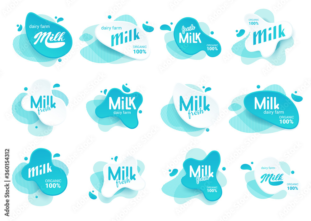 Milk Labels Vetor do Stock: Milk badge and dairy labels with splashes and bolts ...