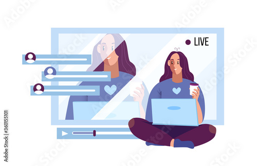Vector flat illustration with young female blogger streaming online. Video blogging concept with smiling girl using laptop, drinking coffee. Social media banner with screen, subscribers’ comments