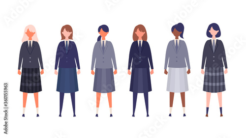 Group of students from high and middle school. Vector illustration of girls in uniform of different colors.
