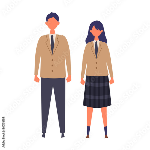 A couple of vector students from high and middle school. Vector illustration of boy and girl in uniform of same color.