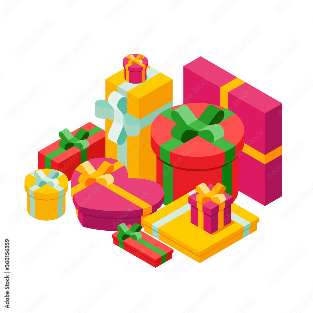 Obraz premium Pale of isometric gift boxes on white background, vector illustration. Bright, colorful present and gift boxes with ribbon bows.