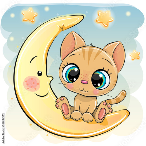 Cartoon Kitten is sitting on the moon