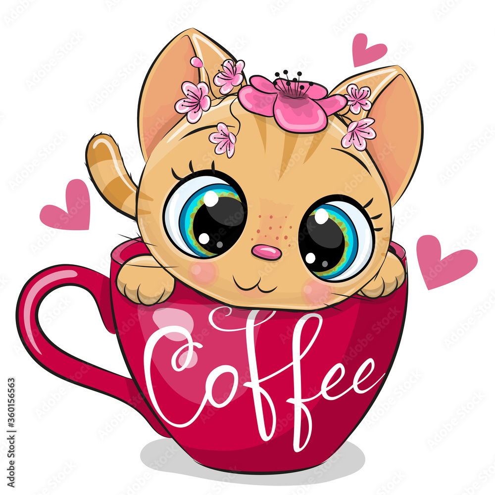 Cartoon kitten with a flowers is sitting in a Cup of coffee - obrazy, fototapety, plakaty 