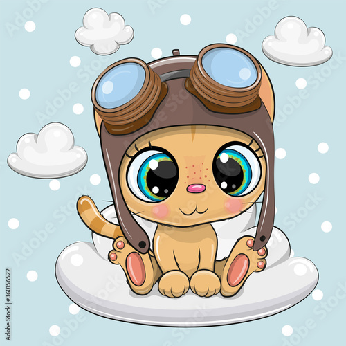 Cute Cartoon Kitten in a pilot hat on a cloud