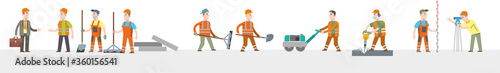 set of road workers: workers in orange uniforms, a helmet and a respirator with tools in their hands, jackhammer, shovel, theodolite, equalizer, hand roller. Flat infographics. Vector illustration