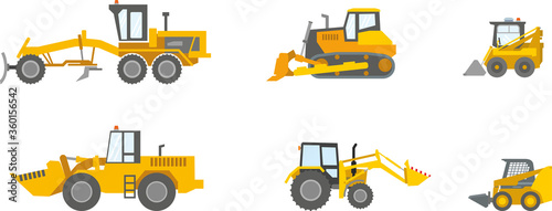 Set of construction equipment: bulldozer isolated on a white background. Excavator work at a construction site, in a quarry, for road works. Flat infographics. Vector illustration