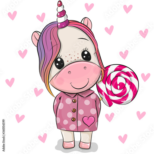 Cartoon Unicorn in coat and with Lollipop