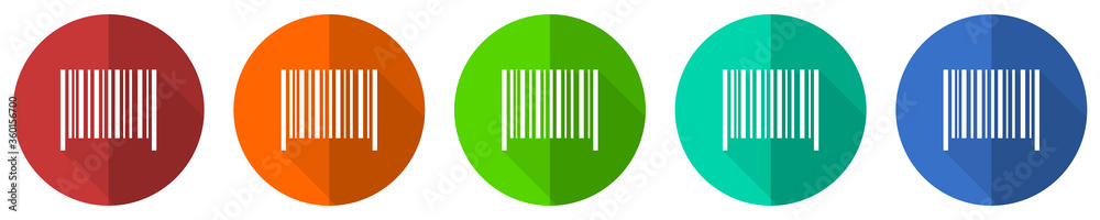 Barcode icon set, red, blue, green and orange flat design web buttons isolated on white background, vector illustration Barcode icon set, red, blue, green and orange flat design web buttons isolated on white background, vector illustration
