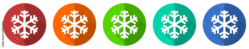 Snow icon set, red, blue, green and orange flat design web buttons isolated on white background, vector illustration
