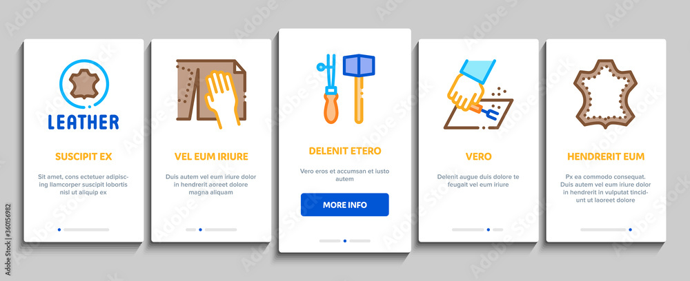 Leatherworking Job Onboarding Mobile App Page Screen Vector. Leatherworking Material And Equipment, Instrument For Cut Leather And Worker, Ball And Belt Color Illustrations