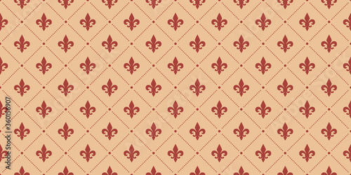 Red and beige Fleur De Lis luxury pattern. Royal ornamental seamless background.