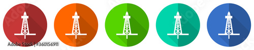 Drilling icon set, red, blue, green and orange flat design web buttons isolated on white background, vector illustration