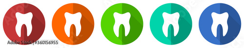 Tooth icon set, red, blue, green and orange flat design web buttons isolated on white background, vector illustration
