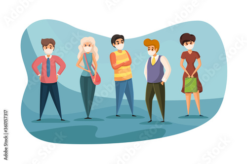 Coronavirus, protection, 2019ncov, infection concept. Group of young people men and women standing together wearing medical face masks masks. Preventive measures and safety procedures from covid19.