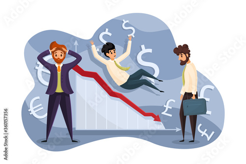 Business, bankruptcy, crisis, finance, depression, economy, mental stress concept. Young depressed stressful businessmen have financial crisis falling downward graph. Stock market crash and recession.