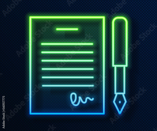 Glowing neon line Marriage contract icon isolated on blue background. Wedding certificate. Vector.