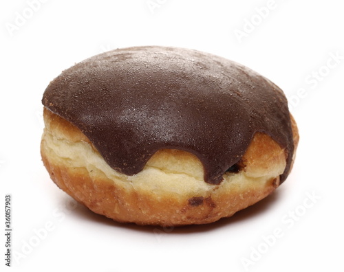 Doughnut with chocolate cream icing isolated on white background