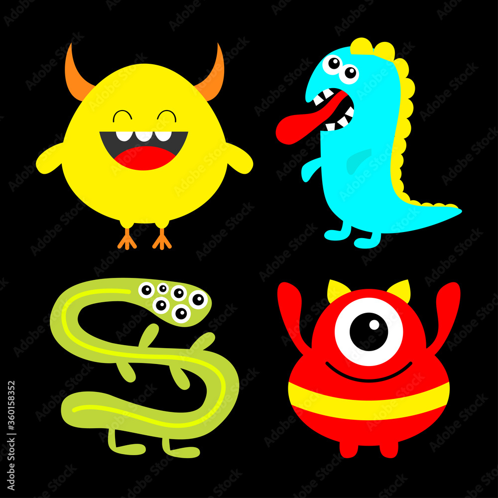 Fototapeta premium Happy Halloween. Monster colorful silhouette set. Dino, snake. Cute kawaii cartoon scary funny character icon. Eye, hair, tongue teeth, hands. Funny baby. Black background. Flat design.