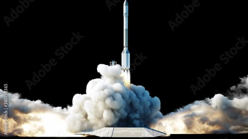 Rocket launch animation. Isolate. Alpha matte. Space launch system. Realistic 4k animation. photo