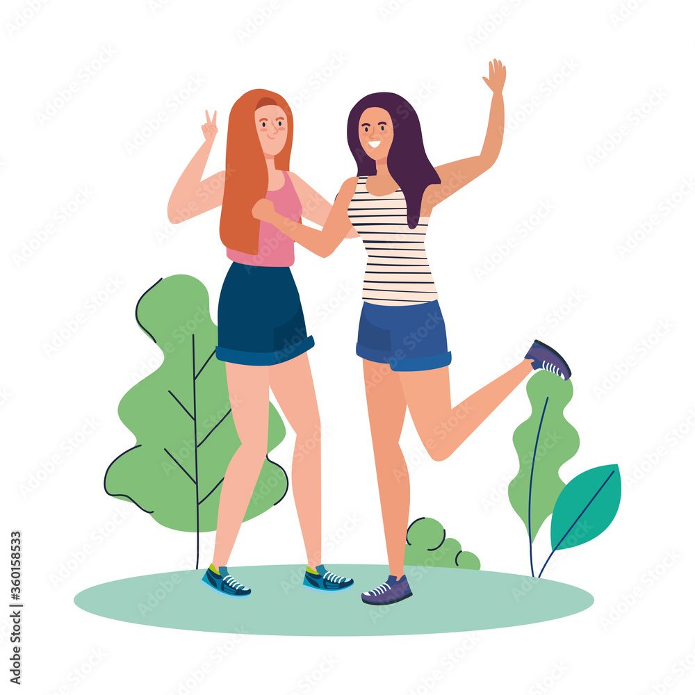 happy women in landscape, healthy lifestyle, celebrating holiday vector illustration design