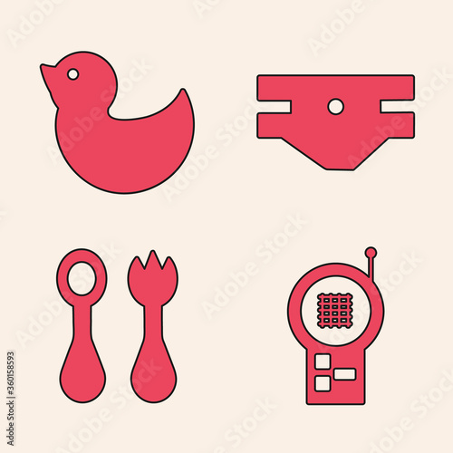 Set Baby Monitor Walkie Talkie, Rubber duck, Baby absorbent diaper and Baby cutlery with fork and spoon icon. Vector.